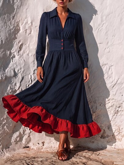 SHEIN Vestido Feminino Regular de Manga Extra Longa, Manga Bufante, Design de Gola com Franzido Profundo, Franzido, Design Franzido, Saia Guarda-Chuva Solta em Linha A, Bainha com Babado Franzido em Patchwork, Elegante, Férias, Boêmio, Trabalho