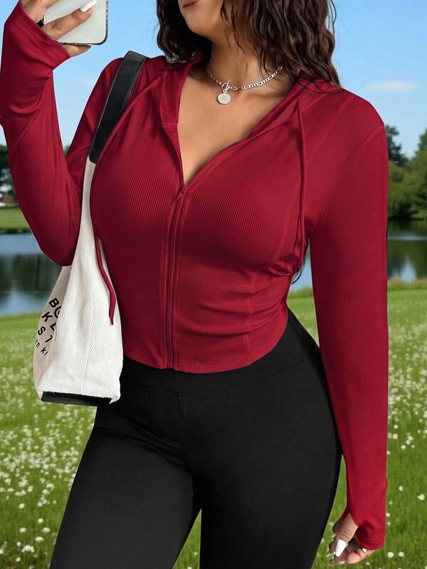 CovetEZ Plus Size Solid Color Full Zip Hooded Casual Everyday Jacket Fall