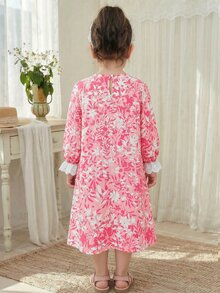 少女寬鬆休閒蕾絲拼接碎花家居服 - 粉色 - 查看 3