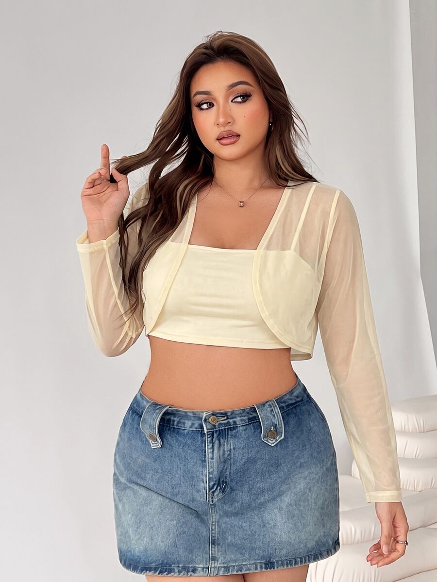 Muchica Apricot Short Sheer Mesh Jacket Plus Size - Apricot - View 1