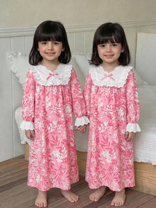 少女寬鬆休閒蕾絲拼接碎花家居服 - 粉色 - 查看 2