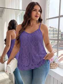 Reflora Plus Size French Lace Camisole Tank Top, Vacation & Street Style - Purple - View 5