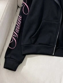 SHEIN 青少年女孩寬鬆休閒極簡舒適日常街頭風粉色字母刺繡連帽寬鬆版型貼袋前開襟拉鍊短版長袖運動衫外套灰色返校穿搭 - 黑色 - 查看 9