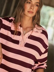 WESTFADE Lace Collar Button Front Long Sleeve Striped Polo Mini Dress, Fall Winter 2026 Western Style Cowgirl Clothing, Rodeo, Female Country Look, Autumn - Multicolor - View 2