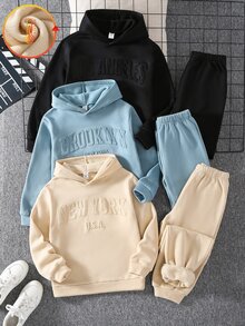 SHEIN 6pcs Kids Tween Boy Casual Daily Versatile Comfortable Embossed Pattern Hooded Pullover Loose Sweatshirt And Loose Jogger Pants Knit Two Pieces Set Thermal Lined Thick Sweatshirt Set - Multicolor - View 4