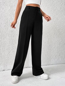 SHEIN EZwear Spring Solid Dark Grey High Waist Suit Straight Pants In Fall/Winter - Black - View 3