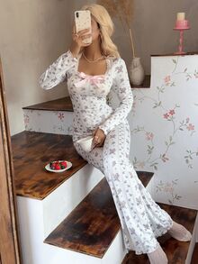 CottageSlumber Sweet Lace Trim Square Neck Bow Ditsy Floral One-Piece Pajamas Women's Loungewear - White - View 4