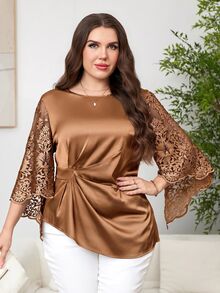 Reflora Plus Size Vintage Embroidered Pleated Asymmetrical Hem Shirt - Brown - View 3