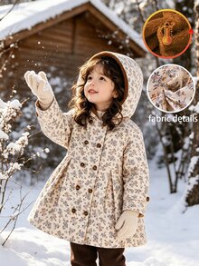 Elladie kids 女童秋冬淺杏色法式鄉村復古拼接咖啡棕抓絨內裡連帽長袖中長款風衣 - 棕色 - 查看 3