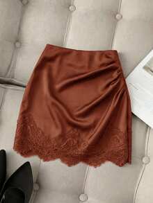 Muvela Women's Lace Patchwork Pleated Satin Mini Skirt - Red - View 9