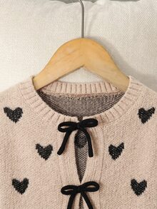 SHEIN 女童針織毛衣，蝴蝶結裝飾，可愛休閒，柔軟舒適百搭，適合居家、派對與度假場合 - 棕色 - 查看 3