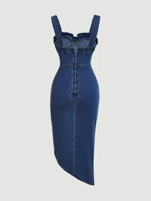 SHEIN MOD Plus Size Pleated Asymmetrical Hem Denim Dress - Blue - View 2