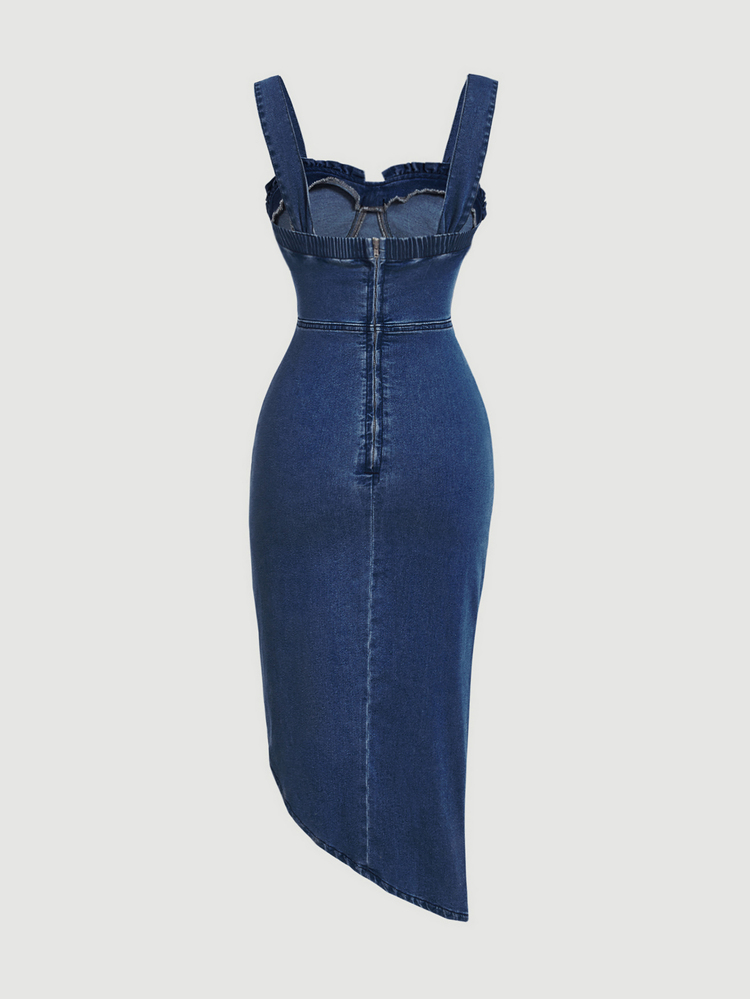 SHEIN MOD Plus Size Pleated Asymmetrical Hem Denim Dress - Blue - View 2