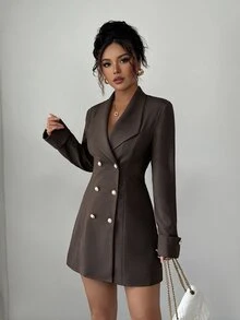 SHEIN Unity فستان قصير أنيق بسيط باللون البني الداكن منسوج بأكمام طويلة وأزرار أمامية مزدوجة، مناسب لحفلات المساء والمكتب، الخريف - قهوة بني - مشاهدة 3