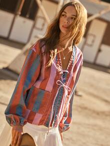 WESTFADE Lace Up Front Long Sleeve Striped Denim Top - Multicolor - View 1