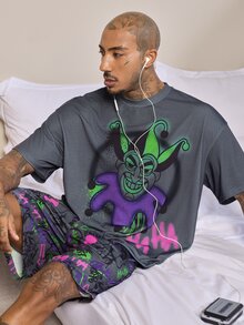 JOKER X SHEIN Men's Cartoon Print Short Sleeve Top & Shorts Loungewear Set - Dark Grey - View 3