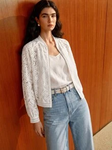 SHEIN Uhlyne Women's Elegant Fashion Hollow Embroidery Front Zipper Opening Small Stand Collar Long Sleeve Jacket, Fashionable Elegant Design Commuter Outfit White Top - White - View 2