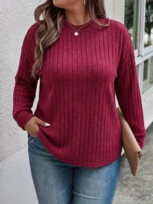 SHEIN LUNE Women's New Autumn/Winter Best-Selling Wide Rib Soft Knit Casual Versatile Plus Size T-Shirt - Red - View 1