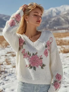 SHEIN Franclia Soft Pink Floral Print V-Neck Dropped Shoulder Long Sleeve Sweater - White - View 3