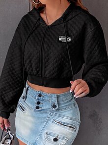 SHEIN EZwear 字母圖案落肩抽繩短版連帽衛衣，秋冬長袖上衣 - 黑色 - 查看 4