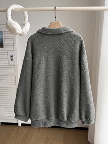 Comfortcana 大尺碼女款字母印花牛仔長袖休閒秋冬抓絨衛衣 - 淺灰色 - 查看 2