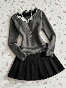Elamini Sweater Wanita Berenda Leher V dengan Pinggang Berkerut - Grey - View 1