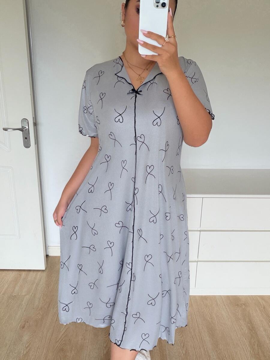 Napfluff CURVE Napfluff CURVE Plus Size Women's Short Sleeve Nightgown With Heart Print And Bow Decor Collar - Grey - View 1