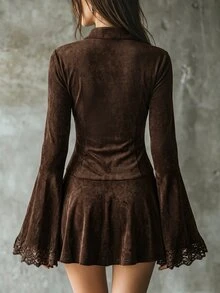 SHEIN Maillard Brown Cinched Cinched Waist Contrast Lace Flare Sleeve Mini Skirt - Coffee Brown - View 2