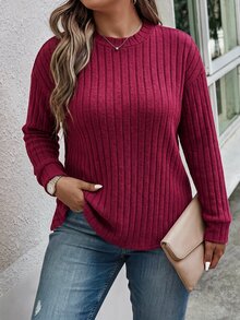 SHEIN LUNE Women's New Autumn/Winter Best-Selling Wide Rib Soft Knit Casual Versatile Plus Size T-Shirt - Red - View 3