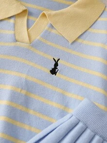 SHEIN Girls Blue Yellow Striped Rabbit Embroidery Knit Sweater & Skirt Two Piece Set, V-Neck Fall Outfit, Elegant Halloween Daily Christmas Winter Wear - Yellow - View 5