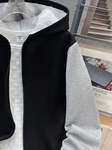 SHEIN 兒童青少年男孩開學休閒連帽撞色保暖內裡加厚梭織黑色秋冬外套，適合學校、花園、生日 - 黑色 - 查看 5