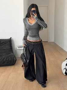 Coolane 灰色條紋女款V領長袖修身針織衫 - 灰色 - 查看 3