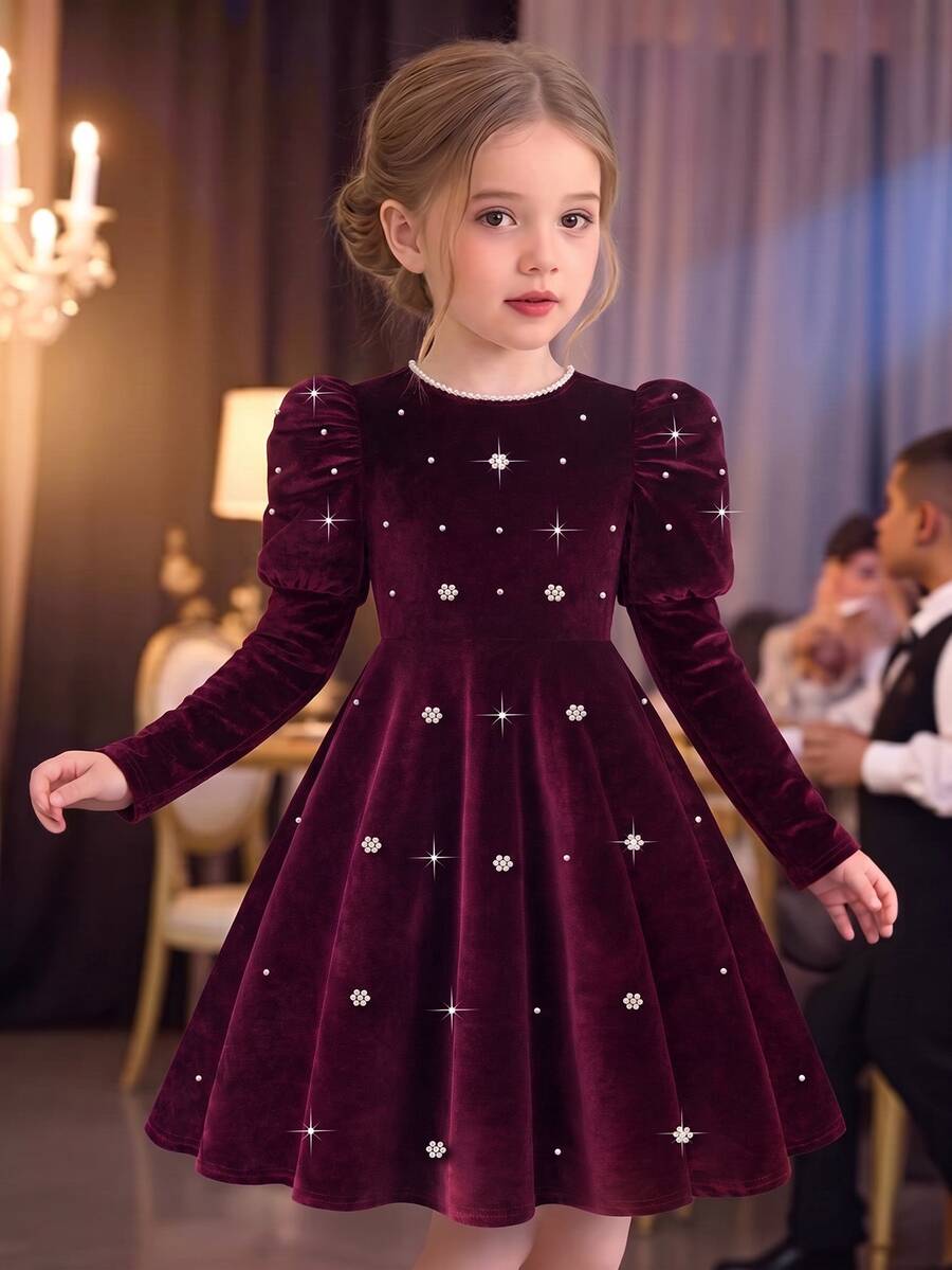 Tween Girl New Burgundy Velvet Round Neck Puff Long Sleeve A-Line Princess Birthday Dress With Pearl Flower And Beaded Embellishments Pearl Round Neck - Burgundy - View 1