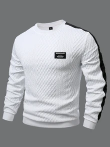 Manfinity Homme Men's Knitted Jacquard Solid Color Textured Collar Cuff Ribbed Hem Black & White Colorblock Pullover Sweatshirt - White - View 4