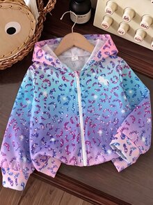 SHEIN 女童漸層豹紋寬鬆拉鍊運動外套夾克 幼兒上學穿著 7 歲生日母女套裝 戶外穿搭 藍色 秋季 - 彩色 - 查看 2