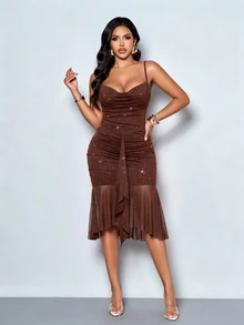 SOLERSUN Women Coffee Brown Glitter Ruched Bodycon Midi Dress Spaghetti Strap Cowl Neck Tie Front Sheer Mesh Ruffle Hem Cocktail Summer Sexy Elegant - Coffee - View 3