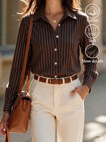 Balvessa 女款條紋長袖單排扣休閒通勤襯衫 - 棕色 - 查看 1