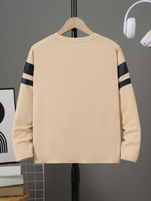 SHEIN 青少年男孩休閒寬鬆百搭條紋圓領長袖T恤上衣，適合通勤、上學、日常休閒外出與運動，春夏穿著 - 白色 - 查看 3