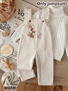 SHEIN 女嬰可愛秋冬短袖荷葉袖趣味兔子動物刺繡圖案百搭休閒連身衣 - 米色 - 查看 1