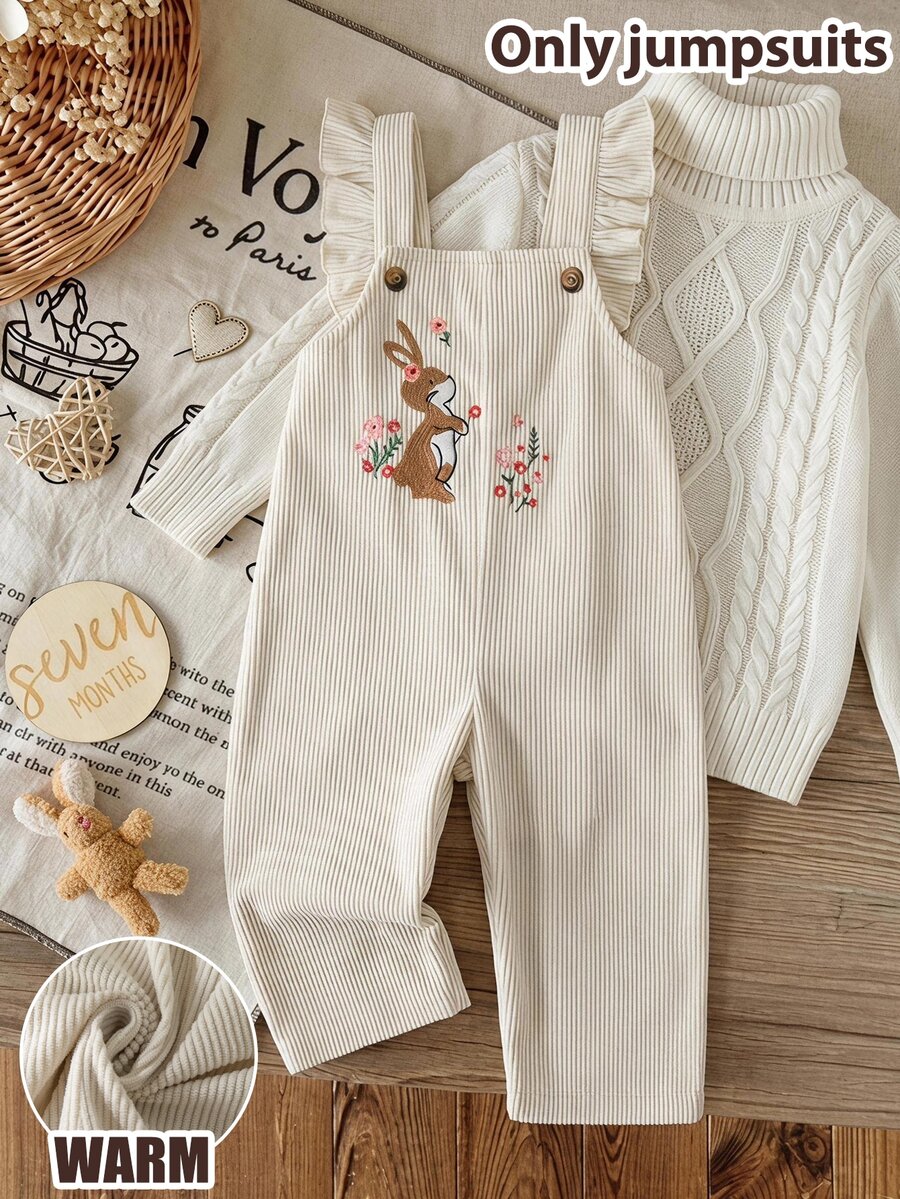 SHEIN 女嬰可愛秋冬短袖荷葉袖趣味兔子動物刺繡圖案百搭休閒連身衣 - 米色 - 查看 1