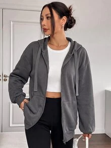 SHEIN EZwear 休閒運動灰色開襟連帽大尺碼夾克 - 深灰色 - 查看 3