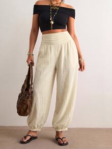 Freevana Plus Size Women Solid Color Pleated Casual Versatile Daily Wear Long Pants - Apricot - View 3