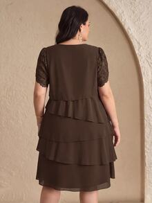 Reflora Plus Size Vintage Vacation Asymmetrical Hem Crew Neck Dress - Coffee Brown - View 7