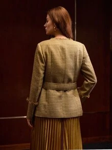 MOTF RAW TRIM SINGLE-BREASTED WIDE WAIST BELT BLAZER - Khaki - View 5