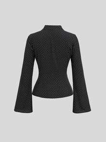 Sweetra Women's Polka Dot Ruched Flare Sleeve Blouse, Casual Daily Wear, Minimalist Elegant Style - Black - View 2