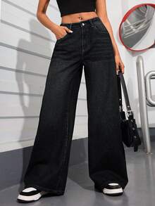 SHEIN PETITE Casual Washed Wide Leg Denim Jeans - Black - View 5