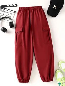 SHEIN Little Byeori 青少年男孩大口袋 3D 寬鬆工裝褲，適合通勤、上學、日常休閒、度假、旅行、運動，四季皆宜 - 紅色 - 查看 3