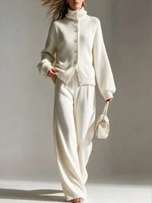 SHEIN Minimalist Premium Pure White Knit Sweater Set Women Autumn/Winter High Neck Loose Slouchy Long Pants 2 Pieces Set - Beige - View 1