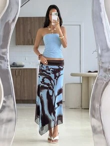 Aloruh 女款拼色休閒百搭日常穿著裙 - 淺藍色 - 查看 3