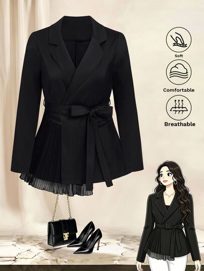 GlowEve CURVE Plus Size Women's Tie Waist Black Contrast Mesh Blazer